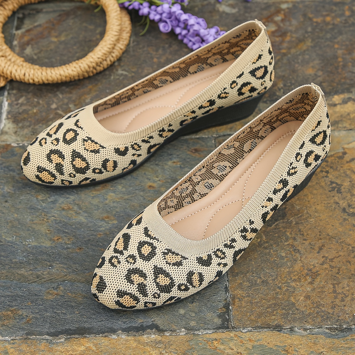 Leopard Print Wedge Heeled Knit Shoes - Casual & Lightweight