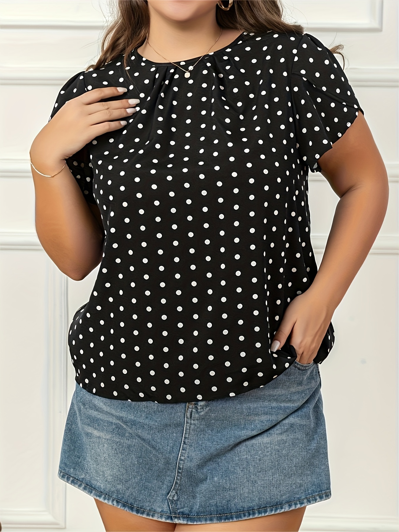 Plus Size Casual Blouse, Women's Plus Polka Dots Print Contrast Lace Short  Sleeve Round Neck Slight Stretch Blouse - Temu