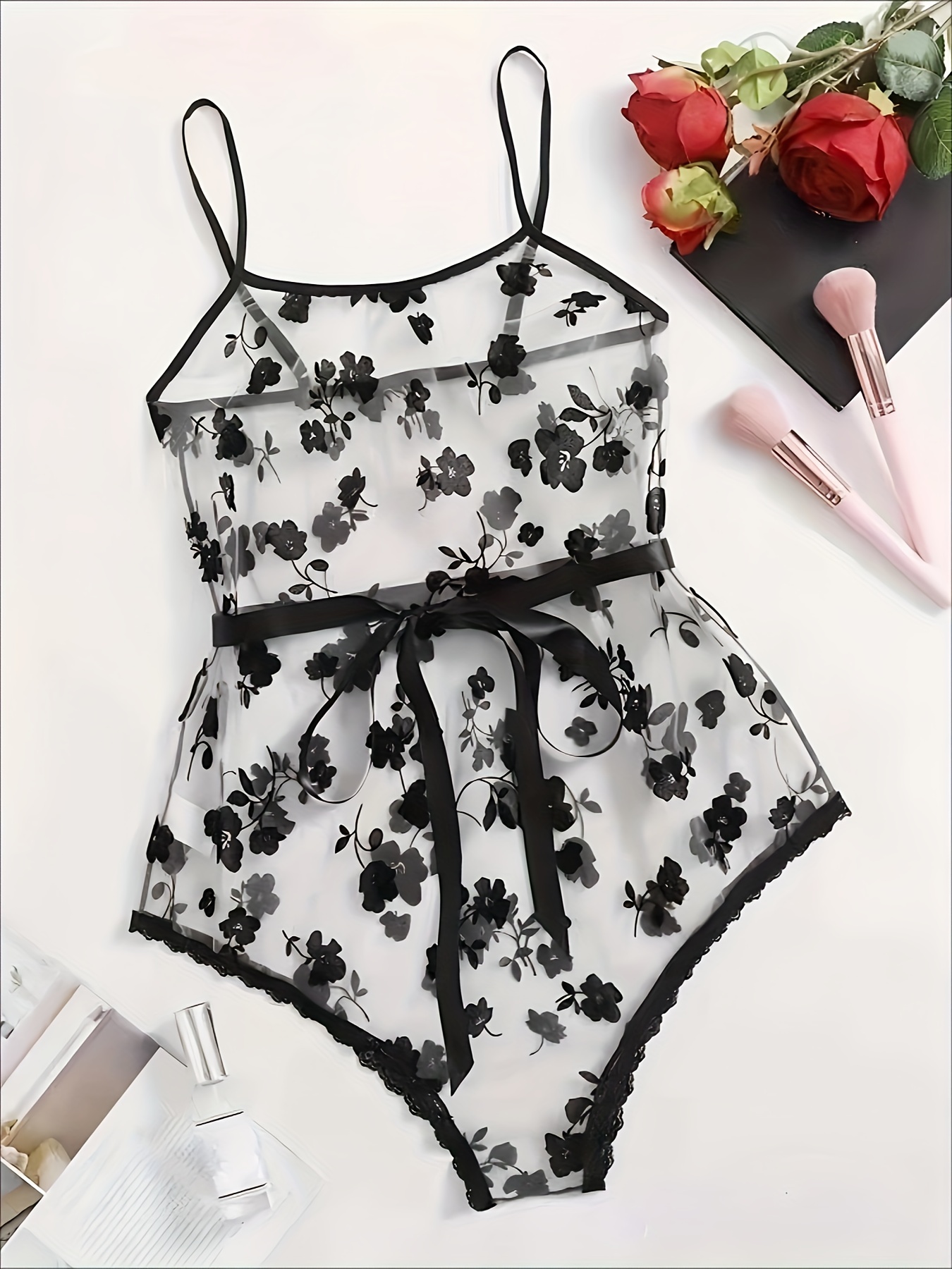 Floral Lace Halter Strappy Teddy Deep V Backless Thong - Temu