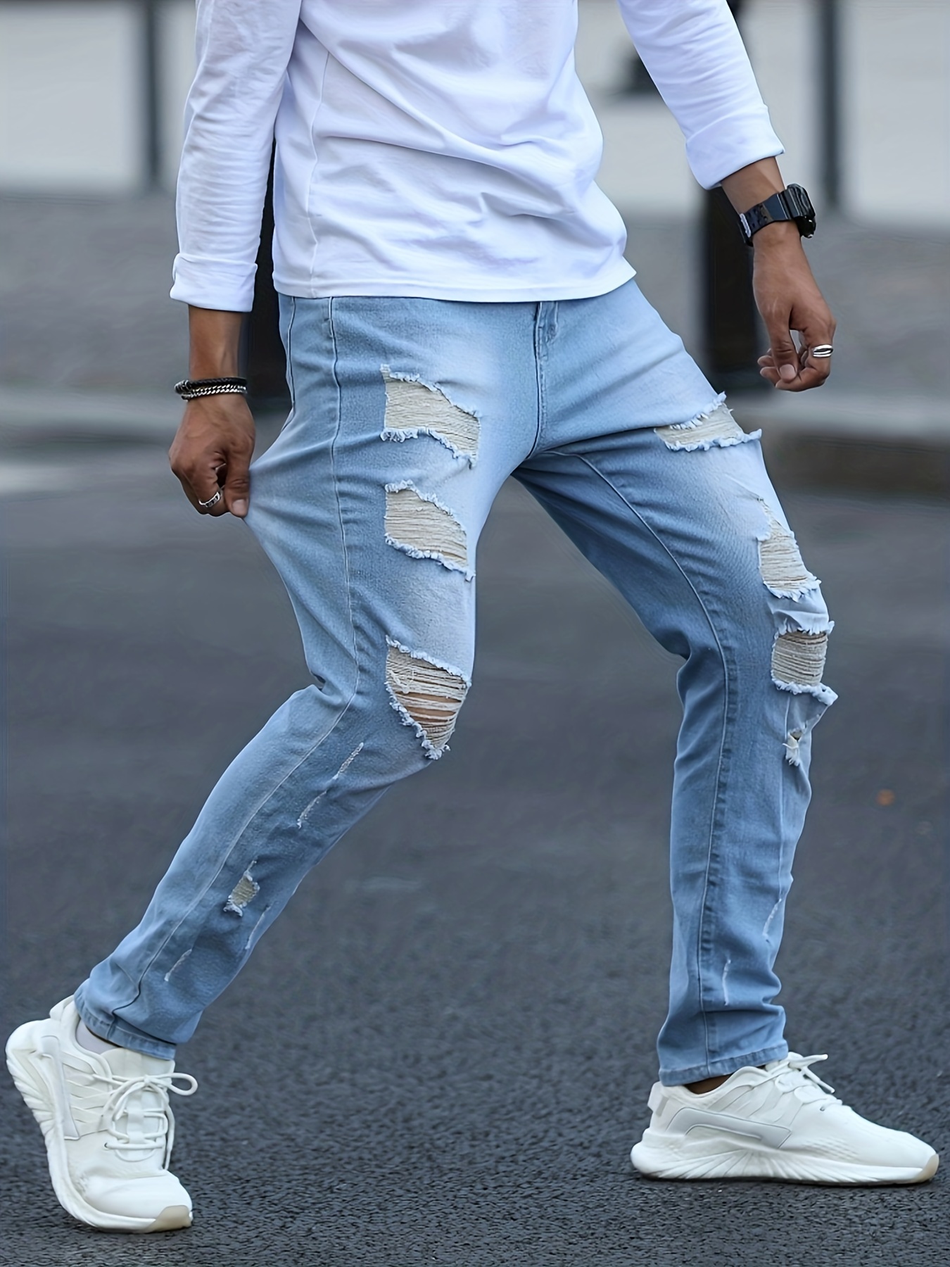 Ripped Slim Fit Denim Pants Light Blue Distressed Slant - Temu