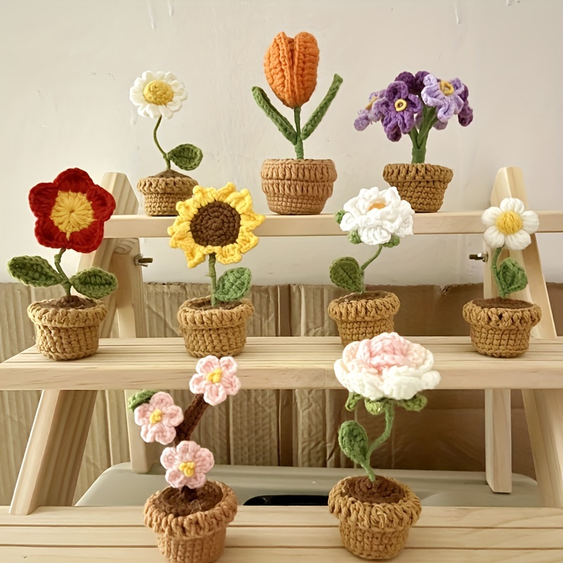 Handmade Knitted Artificial Flowers Finished Sunflower Daisy Rose Tulip  Fake Simulation Flower Bouquet Home Wedding Decoration