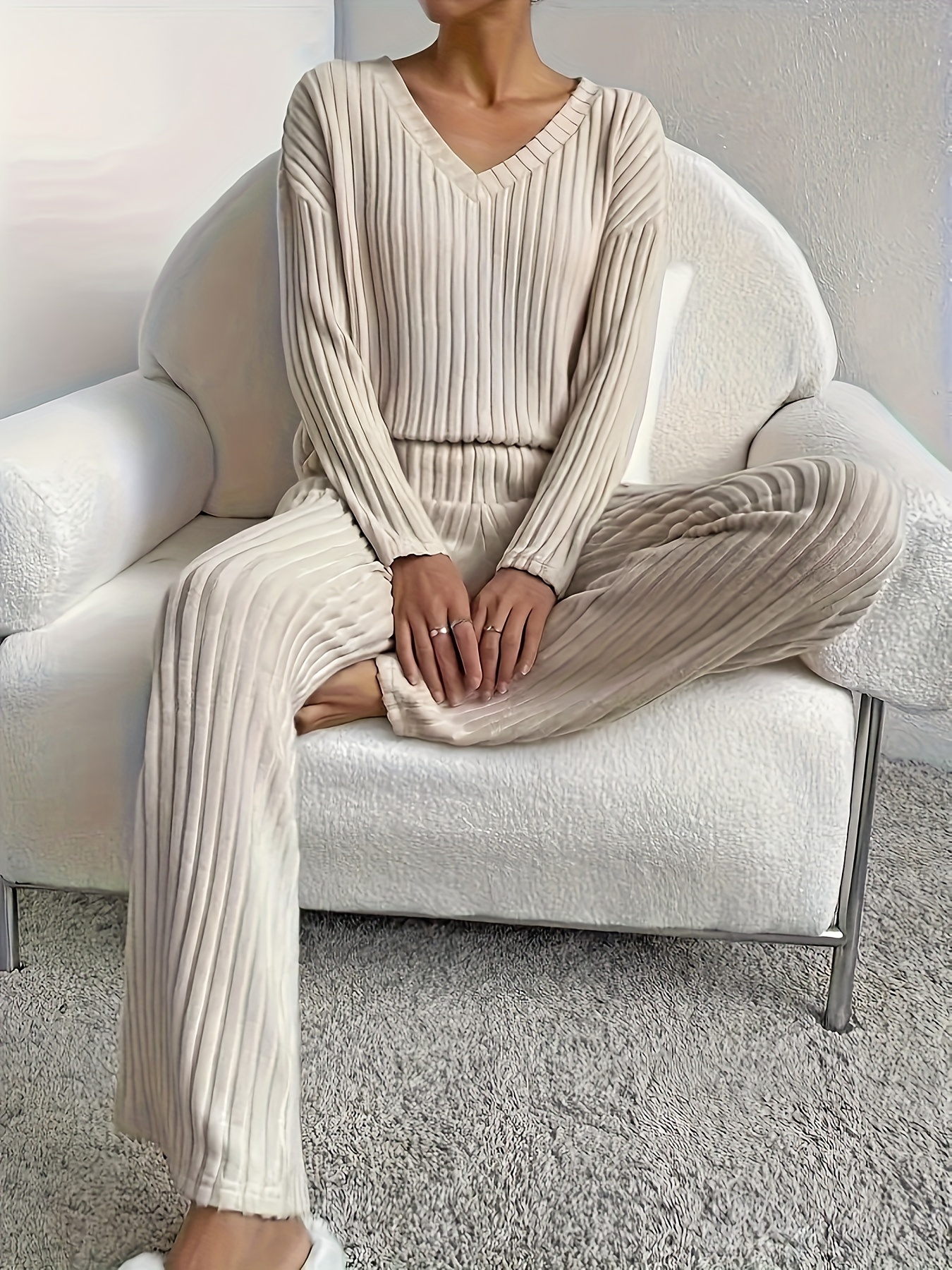 Solid Ribbed Soft Comfortable Pajama Set Two piece Set Long - Temu