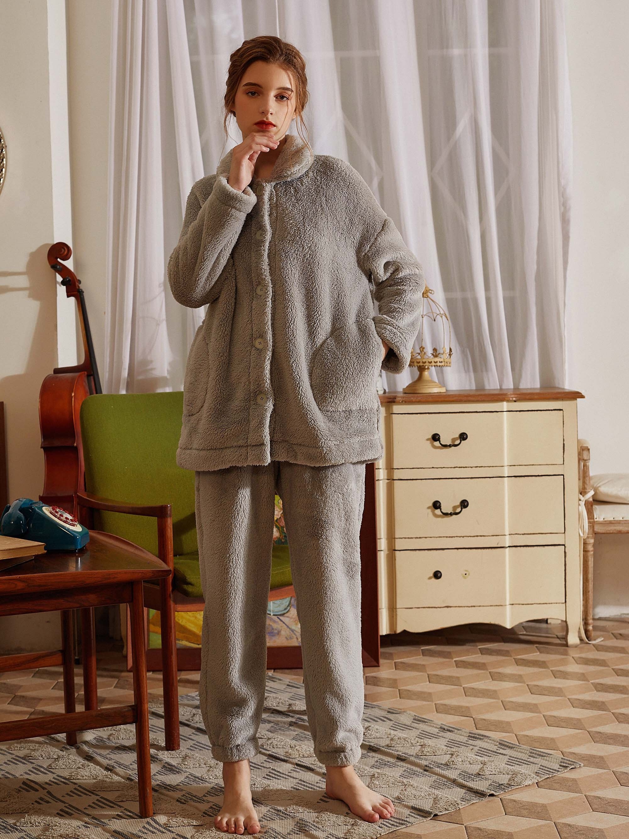 Casual Solid Fleece Pajama Set Thickened Long Sleeve Button - Temu