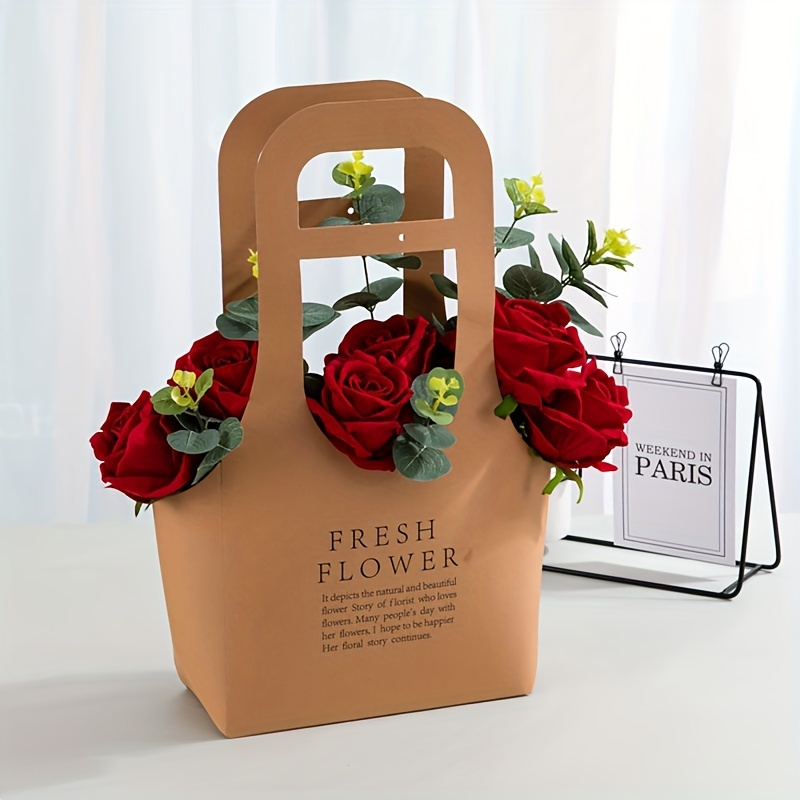 5pcs, Día De La Madre Carta Flor Tote Bag, Arreglo Floral Papel Kraft  Plegable Cesta De