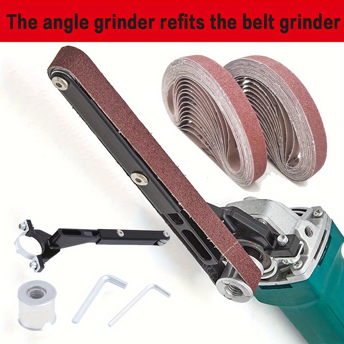 

1set Electric Belt Grinder Attachment For Angle Grinder, Metal Construction, Sand Belt Machine Converter For Pipe Sanding And Polishing, Suitable For Model 100/125, Includes 2 Sanding Belts