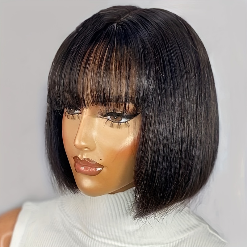 Short Bob Wig Straight Human Hair Wigs With Bangs 180 Density Natural Color Glueless Full Machine Made No Lace Front Wig 100 Unprocessed Virg