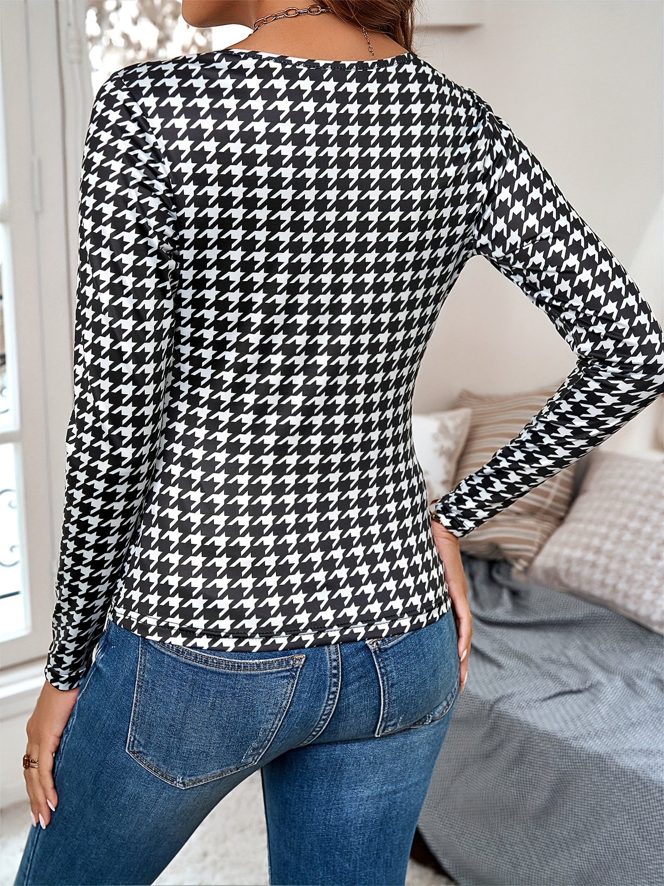 Tričko Criss Cross S Potiskem Houndstooth, Ležérní Top S Dlouhým Rukávem Na Jaro A Podzim, Dámské Oblečení