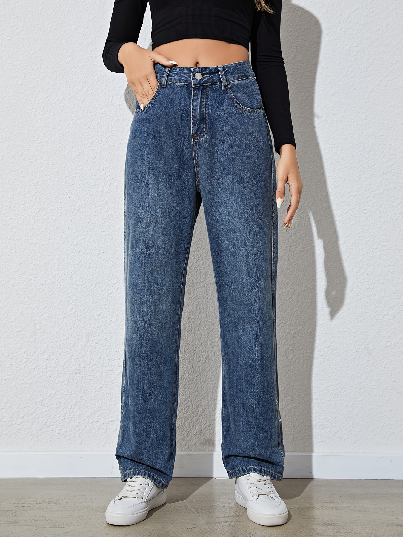 Jeans Hight Waist Women Mom Fashion Elastic Waist Denim Pants Straight Leg  Loose Fit Streetwear Summer