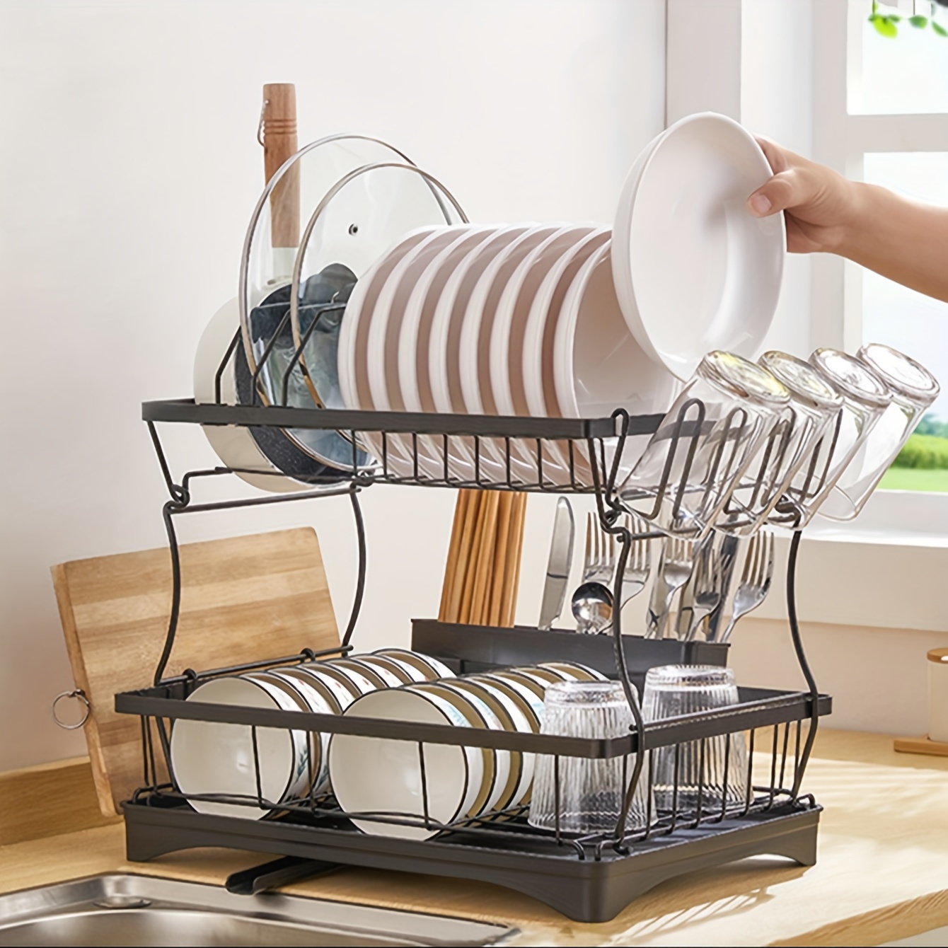 1pc Metal Dish Rack, Household Tabletop Multifunctional Multi-layer Bowl  And Plate Drainage Rack, Tableware, Chopsticks And Cutting Board Storage  Rack