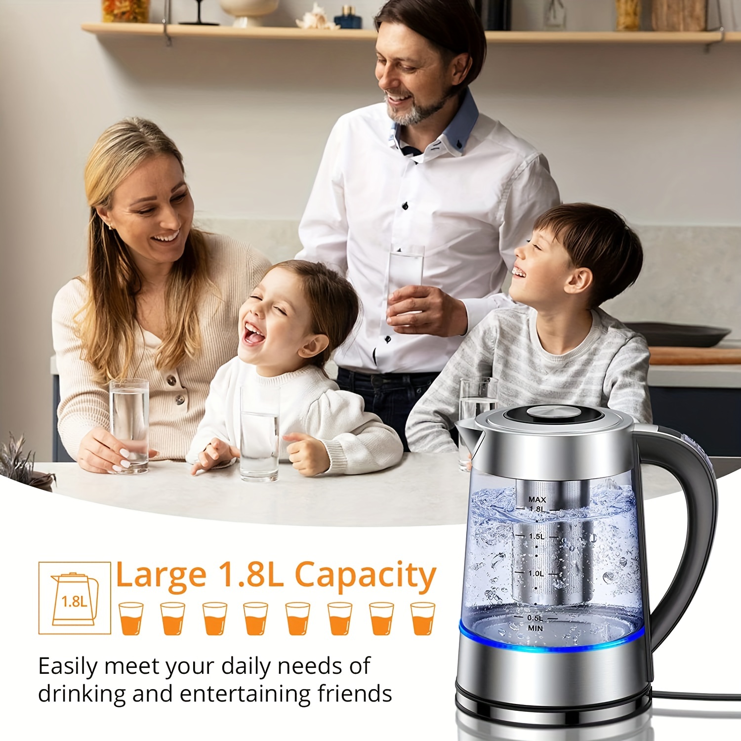 HadinEEon Electric Kettle 1.5L 1500W Stainless Steel Double Wall