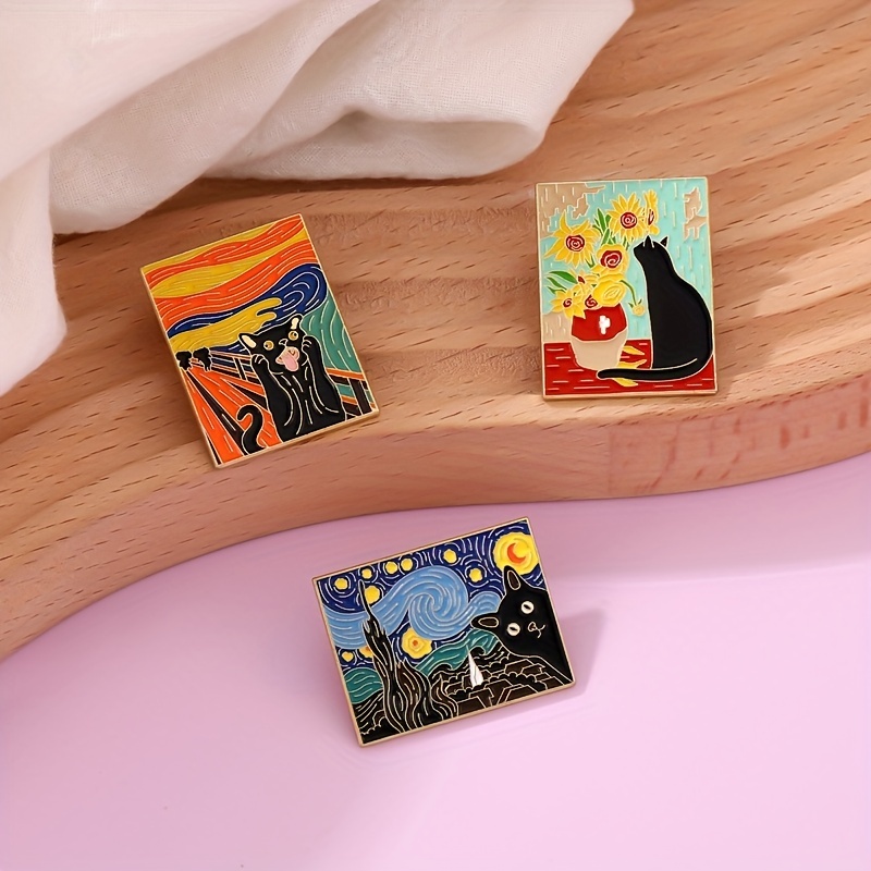 1/3pcs Cats In Oil Painting Enamel Pin Black Kitten Sunflower Brooch Lapel Badge Animal Jewelry Gift For Men Friends