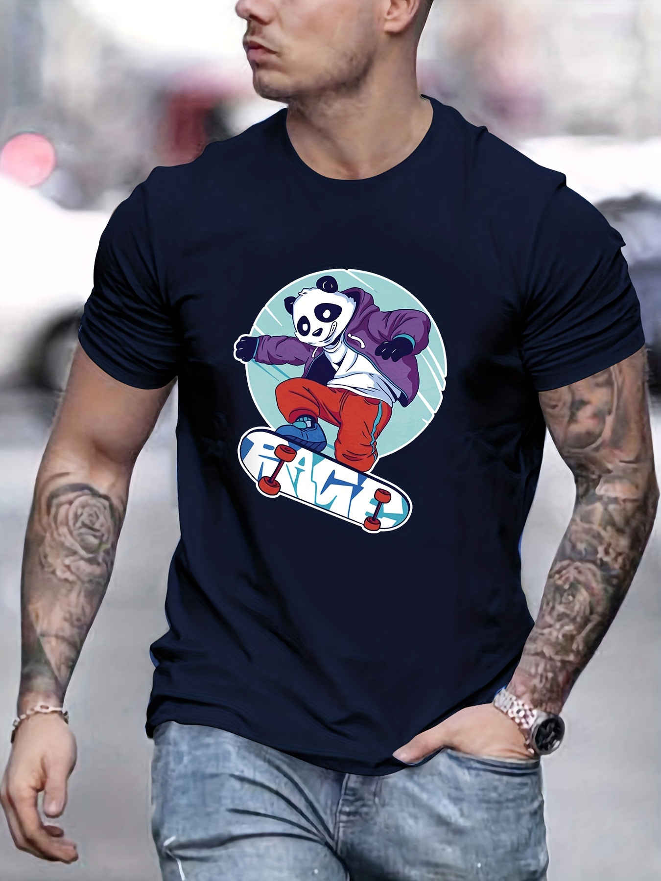 Solid Cotton Summer T-Shirt, Blouses, Tee, Men's Skateboard Panda Anime Pattern Graphic Crew Neck Tops T-shirt,Casual,Temu