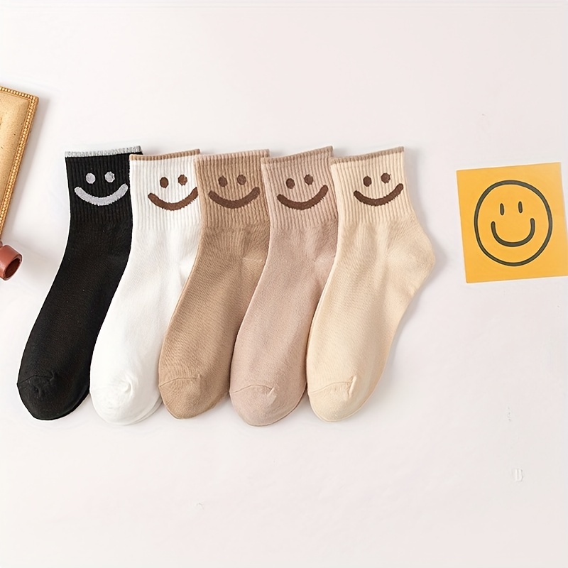 5 Pairs Cute Smiling Print Socks, Comfy & Soft Crew Sports Socks, Women's  Stockings & Hosiery