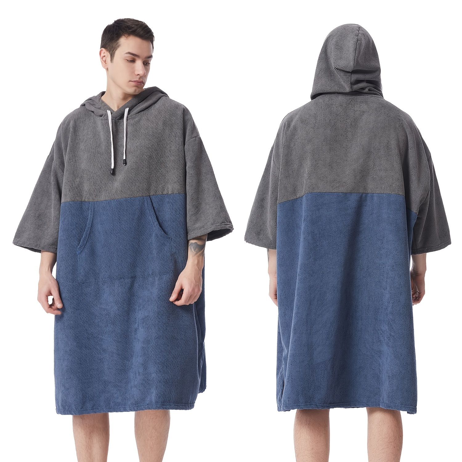 Mutao Changing Robe With Hood Quick Dry Middle Length Sleeve Changing Towel Terry Bathrobe Windproof Beach Robe Surfing Diving Swimming Towel Poncho One Size Fit All