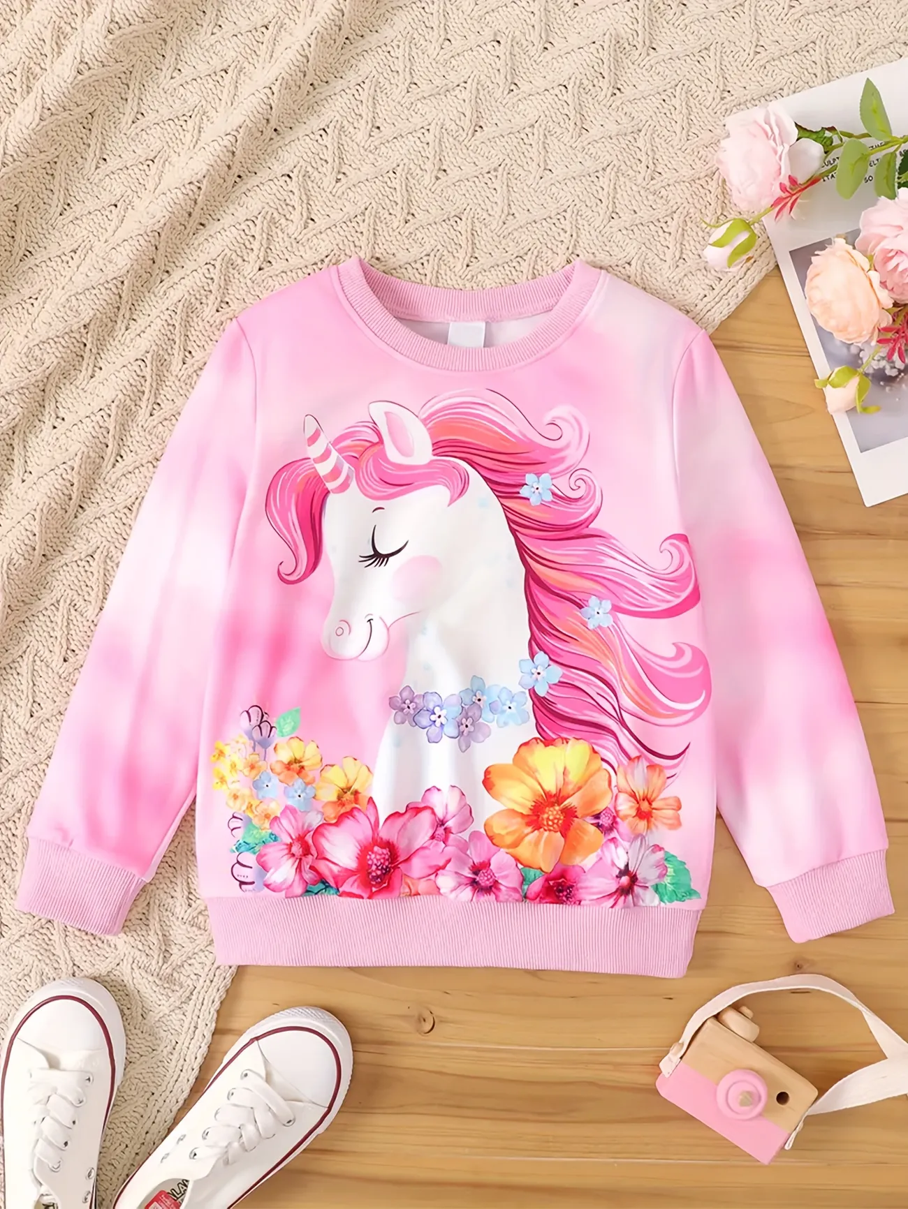 Cute Unicorn & Flower Print Crew Neck Sweatshirt Toddler Girls Long Sleeve  Tops For Party Birthday Gift Fall