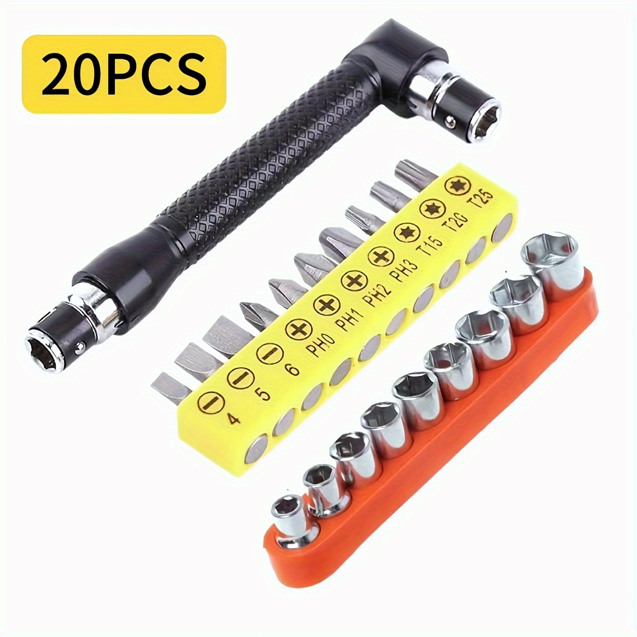 20pcs L-type Socket Wrench Set, Household Hand Tool Set, Mini L-type Socket  Wrench Bits Set, (90 Degree/180 Degree Screw Driver Wrench), 9pcs Socket  (5-13mm), 10pcs Driver Head