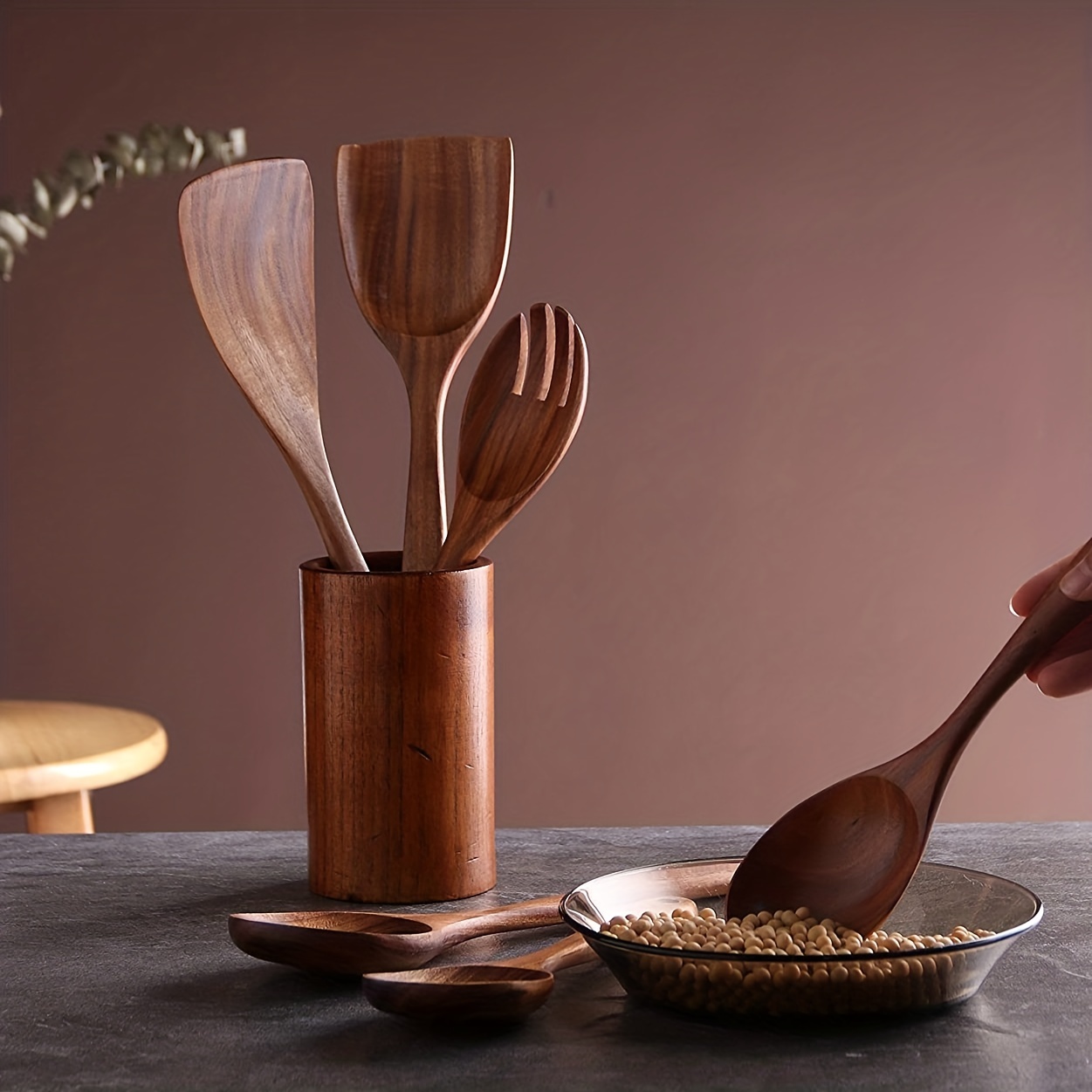 Cucharas de madera para cocinar 7 piezas de utensilios de cocina de madera  de teca utensilios de cocina de madera espátula de madera para cocinar –  Yaxa Costa Rica