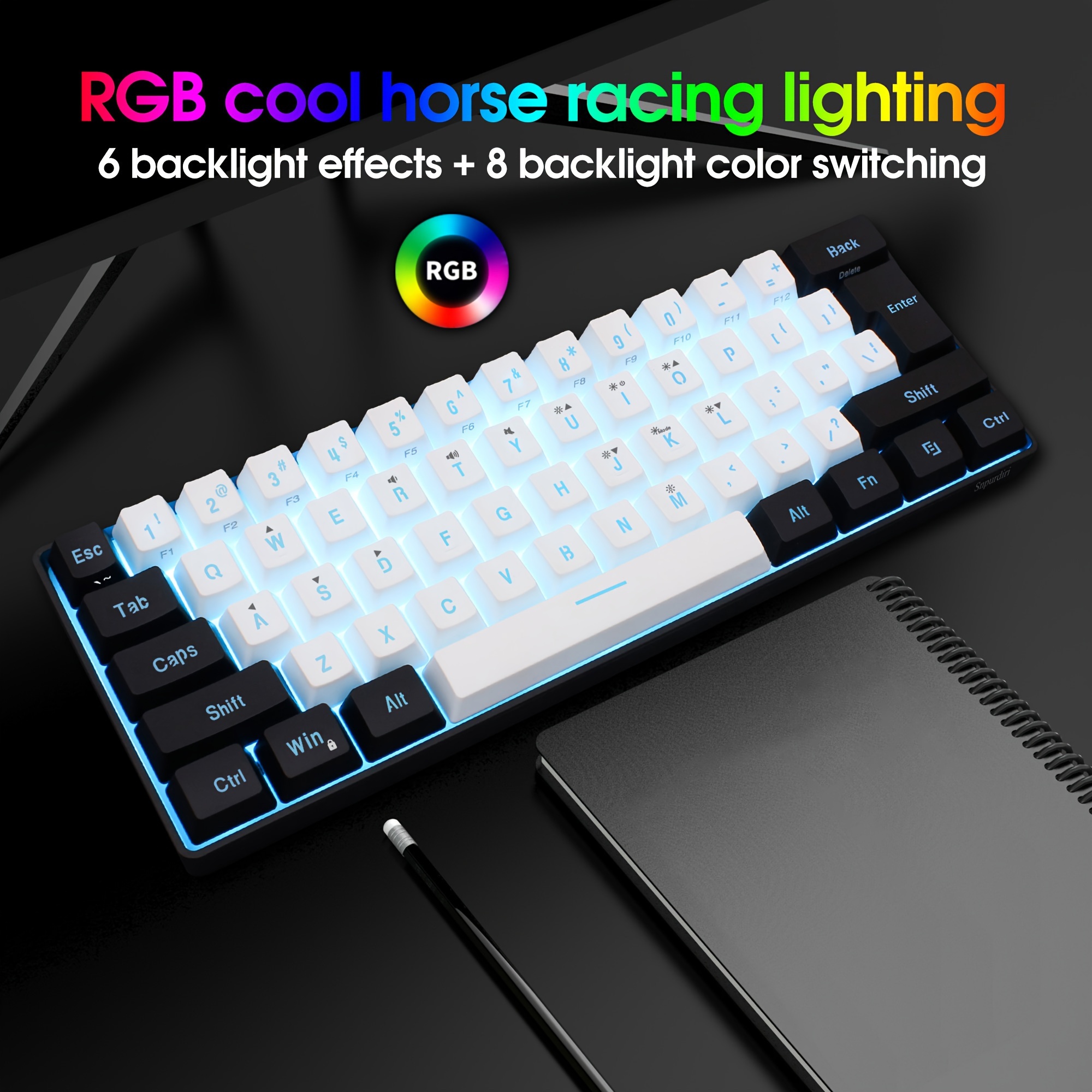 60 wired gaming keyboard rgb backlit waterproof compact portable perfect for pc mac gamers business trips