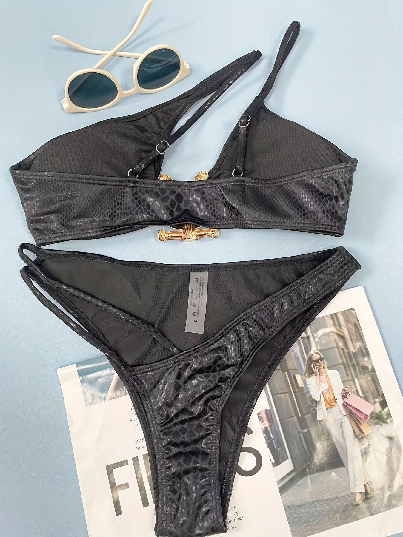 Black One Shoulder Bikini Sets Asymmetrical Metal Decor Cut - Temu