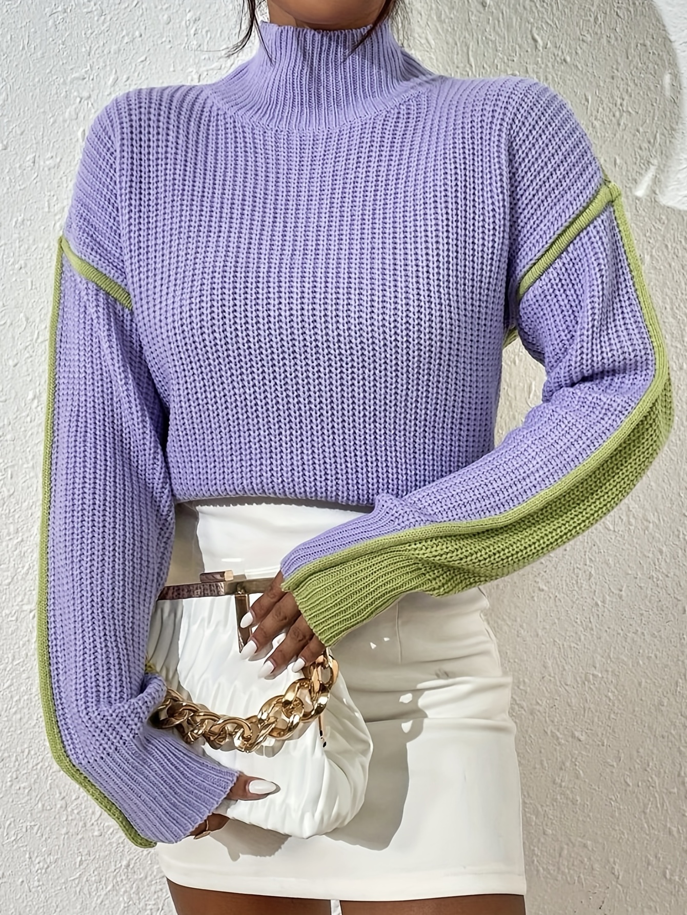 Color Block Knit Sweater, Casual High Neck Long Sleeve Sweater, Women's Clothing