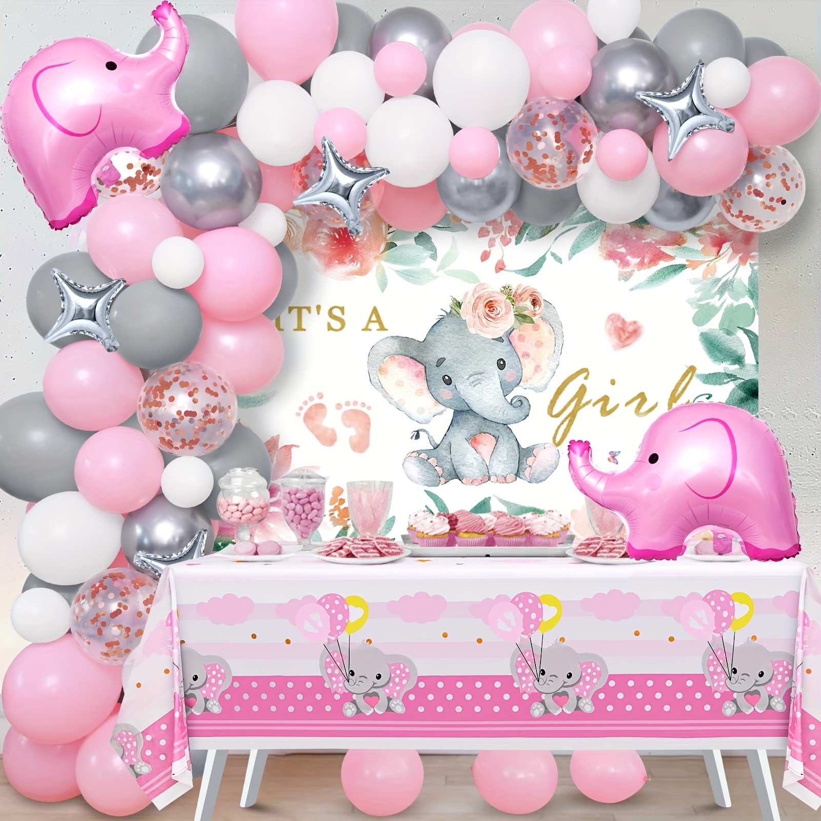 Set de decoraciones para baby shower de elefante, /92 piezas, globo de  elefante rosa, set floral, es un fondo de niña, mantel de mesa, globo de