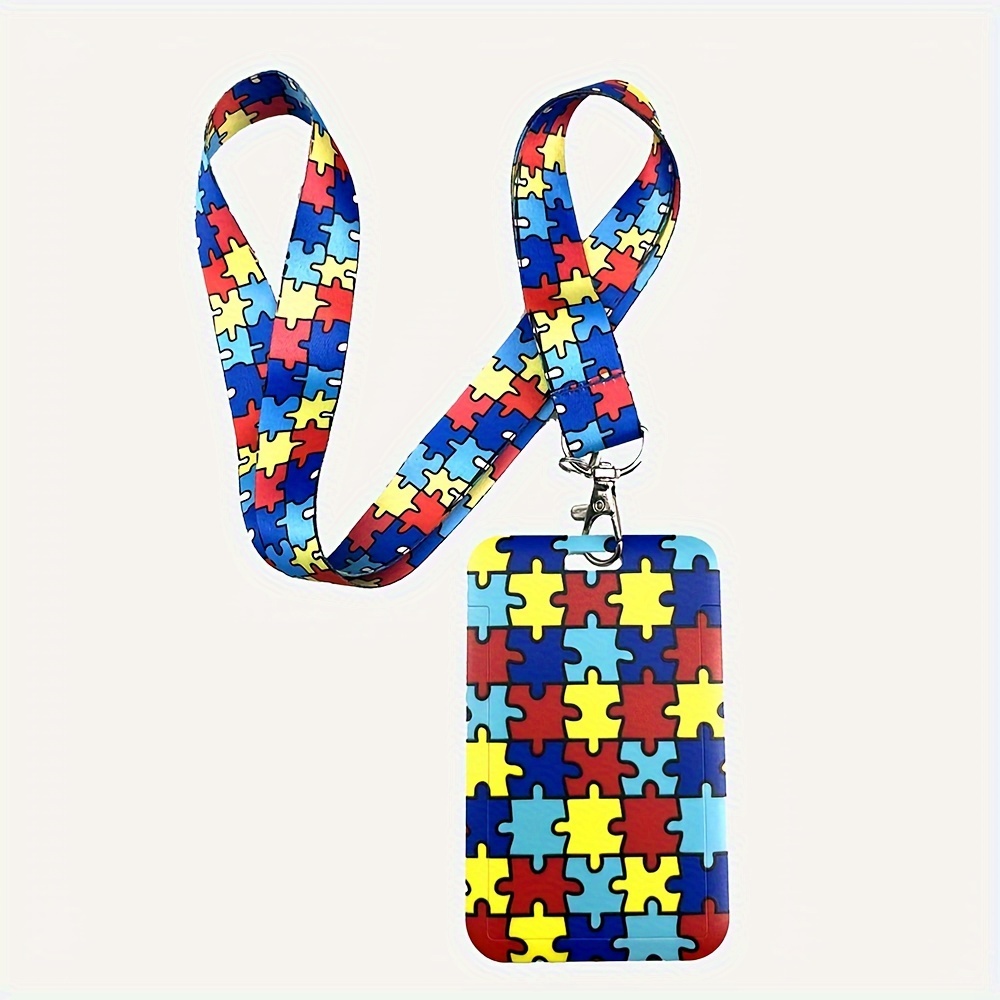 1 Set Autism Puzzle Piece Lanyard with ID Badge Holder for Autism Awareness, Key Chain with Vertical ID Holder, and Zipper ID Case, Great for