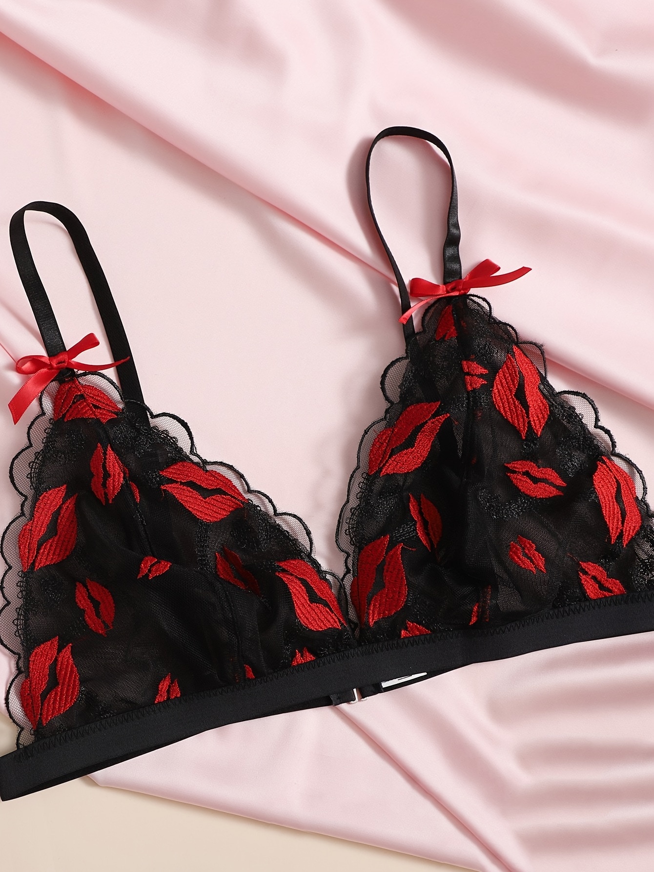 Simply Be Valentines strap detail front fastening lace bra in black and red