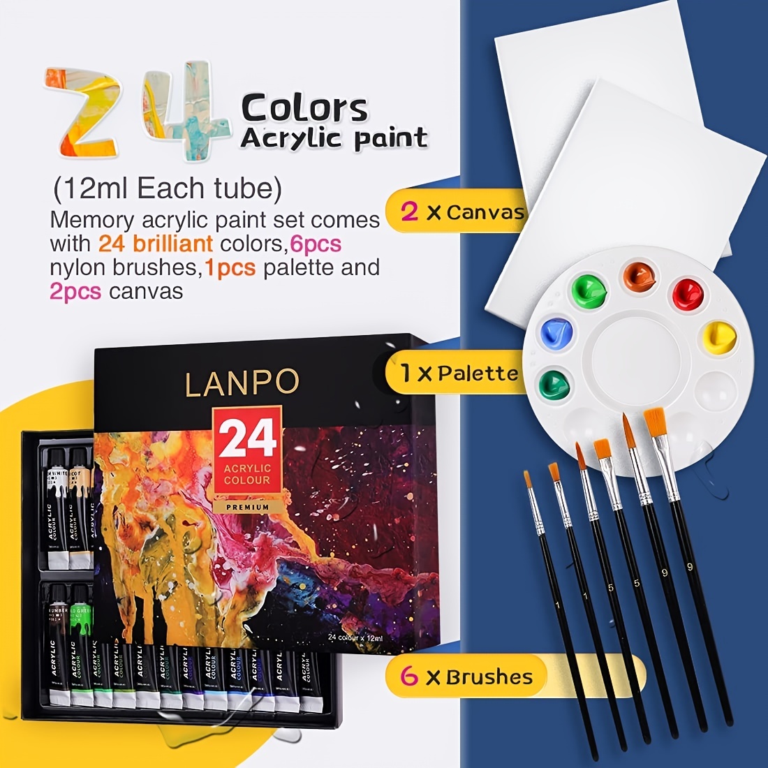 Acrylic Paint Set 24 Colours 4 Brushes Palette & Canvas Beginners Kids  Artist