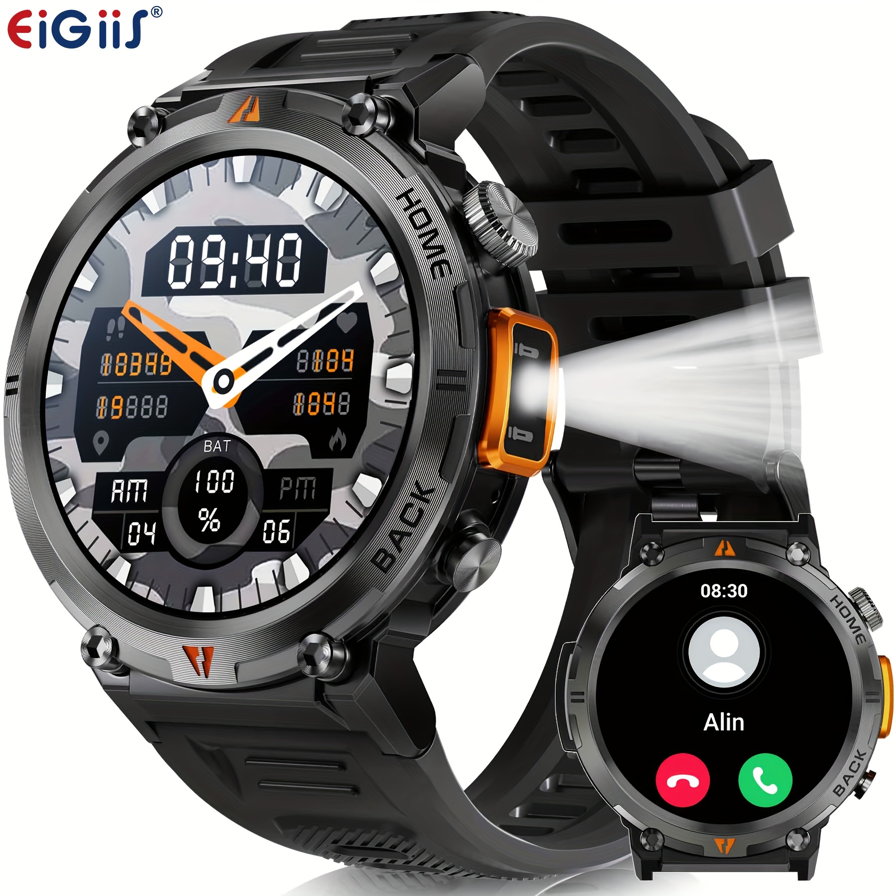EIGIIS Smart Watch for Men 1.45 Sports Watch Spotlights Outdoor  Mountaineering Adventure Military Rugged Smartwatch for iOS Android 