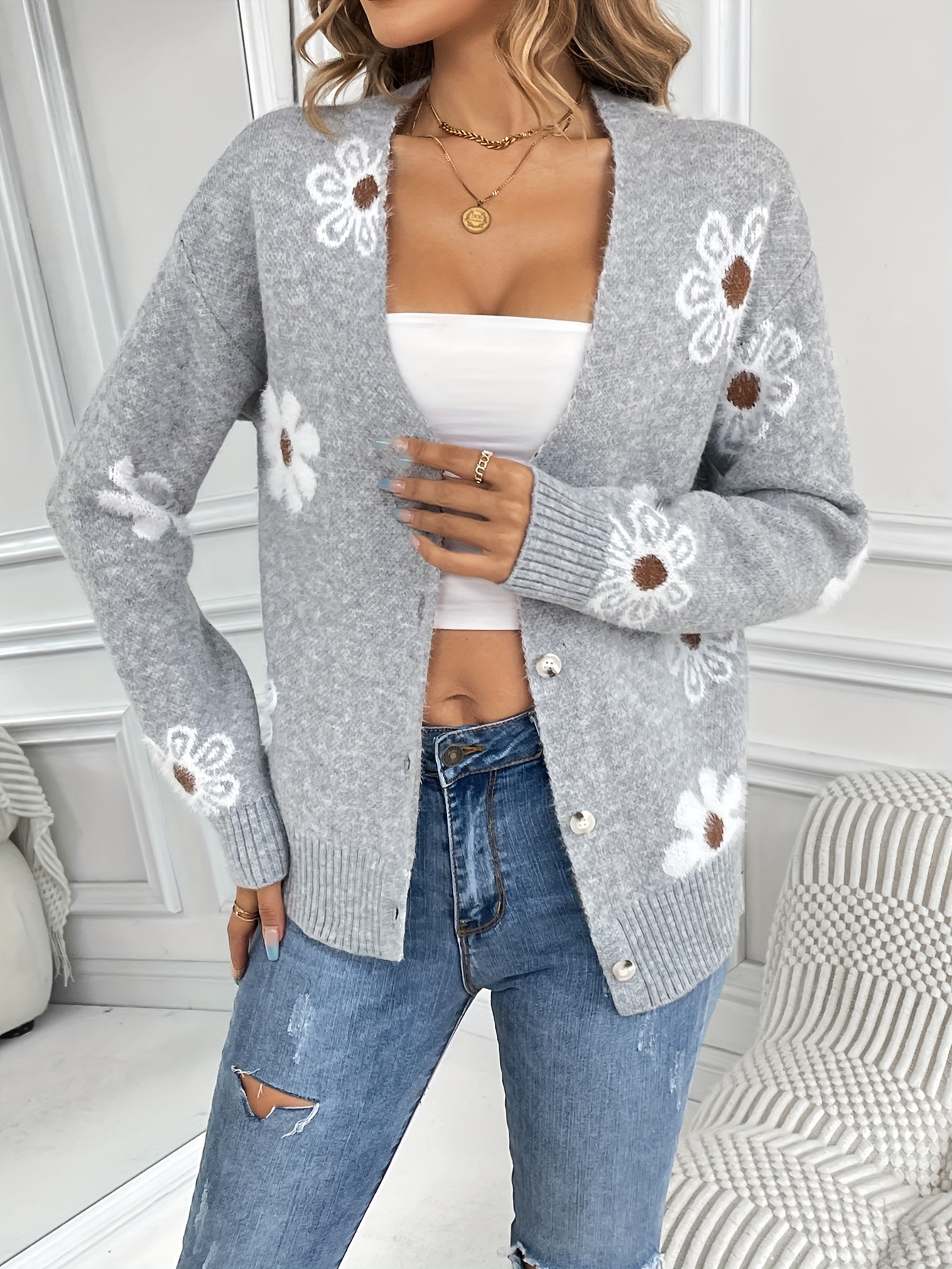 Floral Pattern Button Knit Cardigan Casual Long Sleeve V - Temu