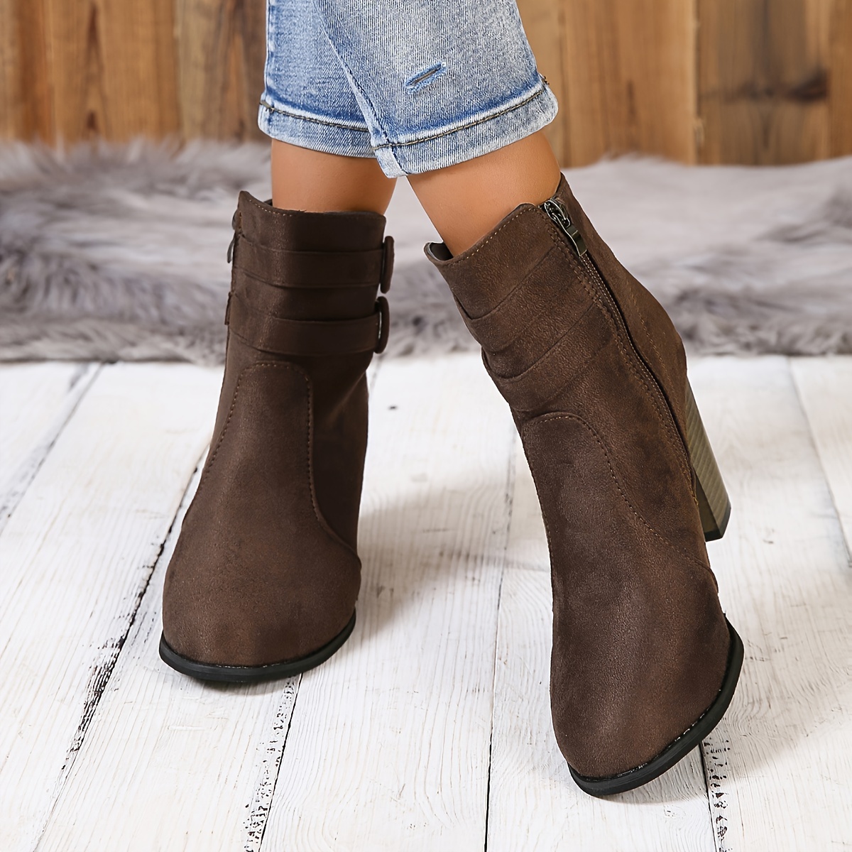 Double buckle side shop zipper wedge boots