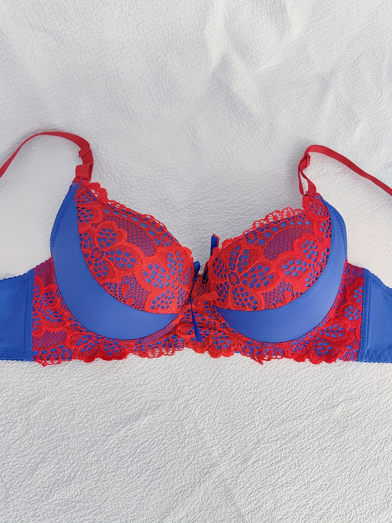 Contrast Lace Bra Panties Bow Tie Push Bra Colorblock - Temu