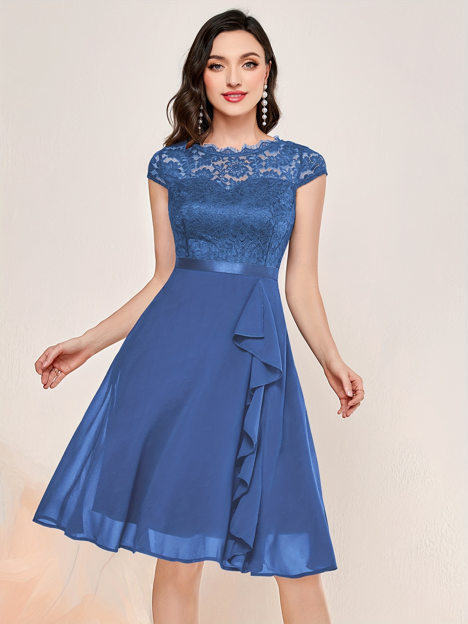 Solid Lace Mesh Ruffle Trim Cami Dress Contrast Lace Ruffle - Temu