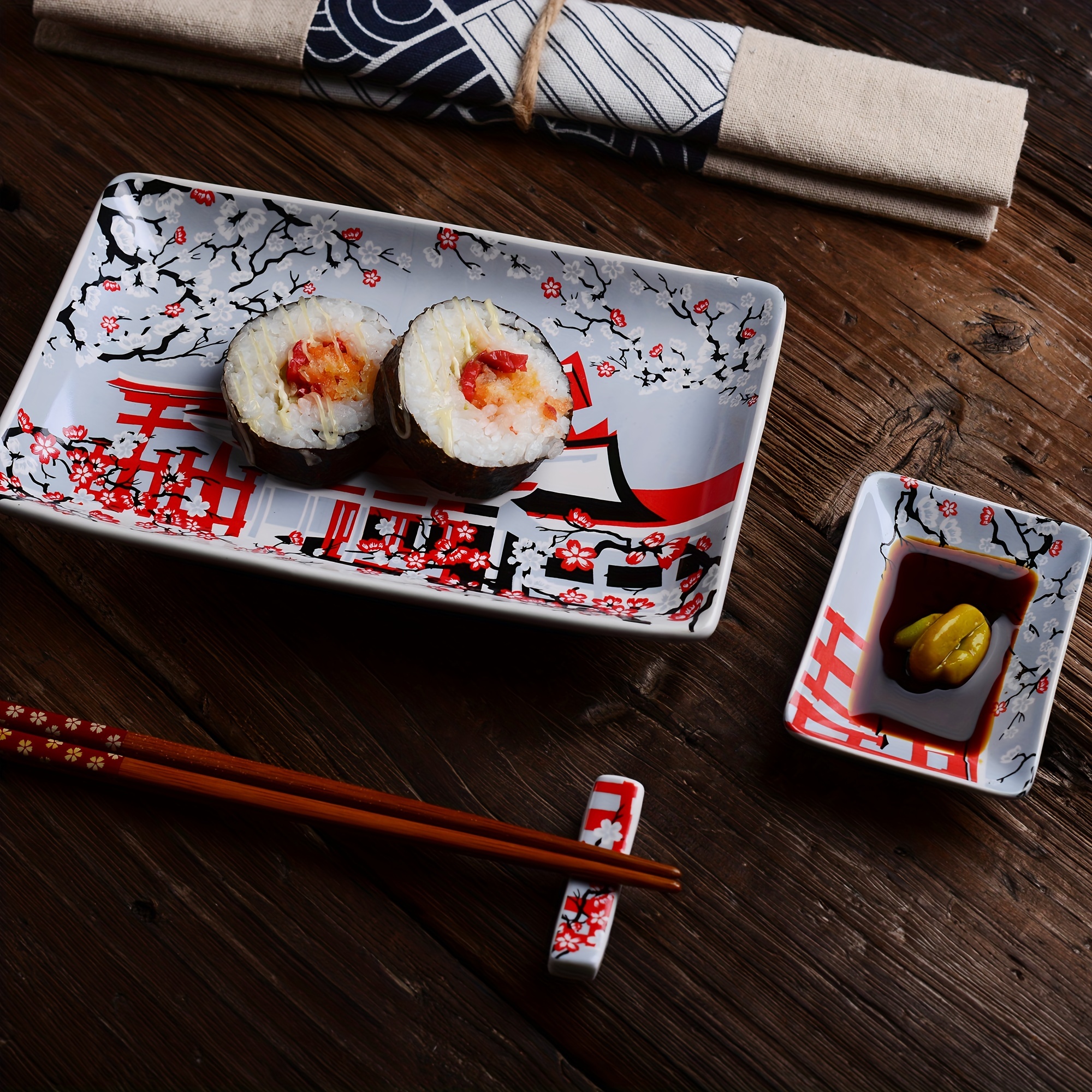 Artcome 10 Pcs Japanese Style Ceramic Sushi Plate Dinnerware Set for  Wedding Housewarming - 2 Sushi Plates, 2 Sauce Dishes, 2 Snack Bowl, 2  Pairs of Chopsticks, 2 Chopsticks Holders 