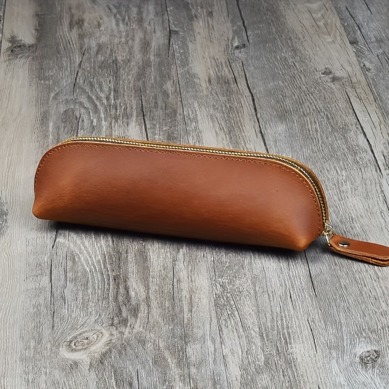 

1pc Cowhide Handmade Pen Bag For Men And Women, Vintage Minimalist Stationery Pen, Zipper Bag