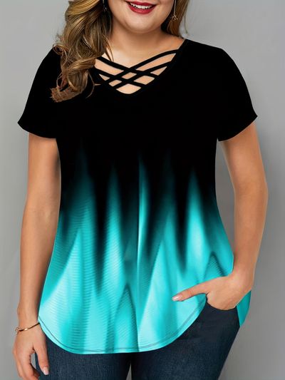 plus size casual t shirt womens plus ombre print criss cross short sleeve v neck tee