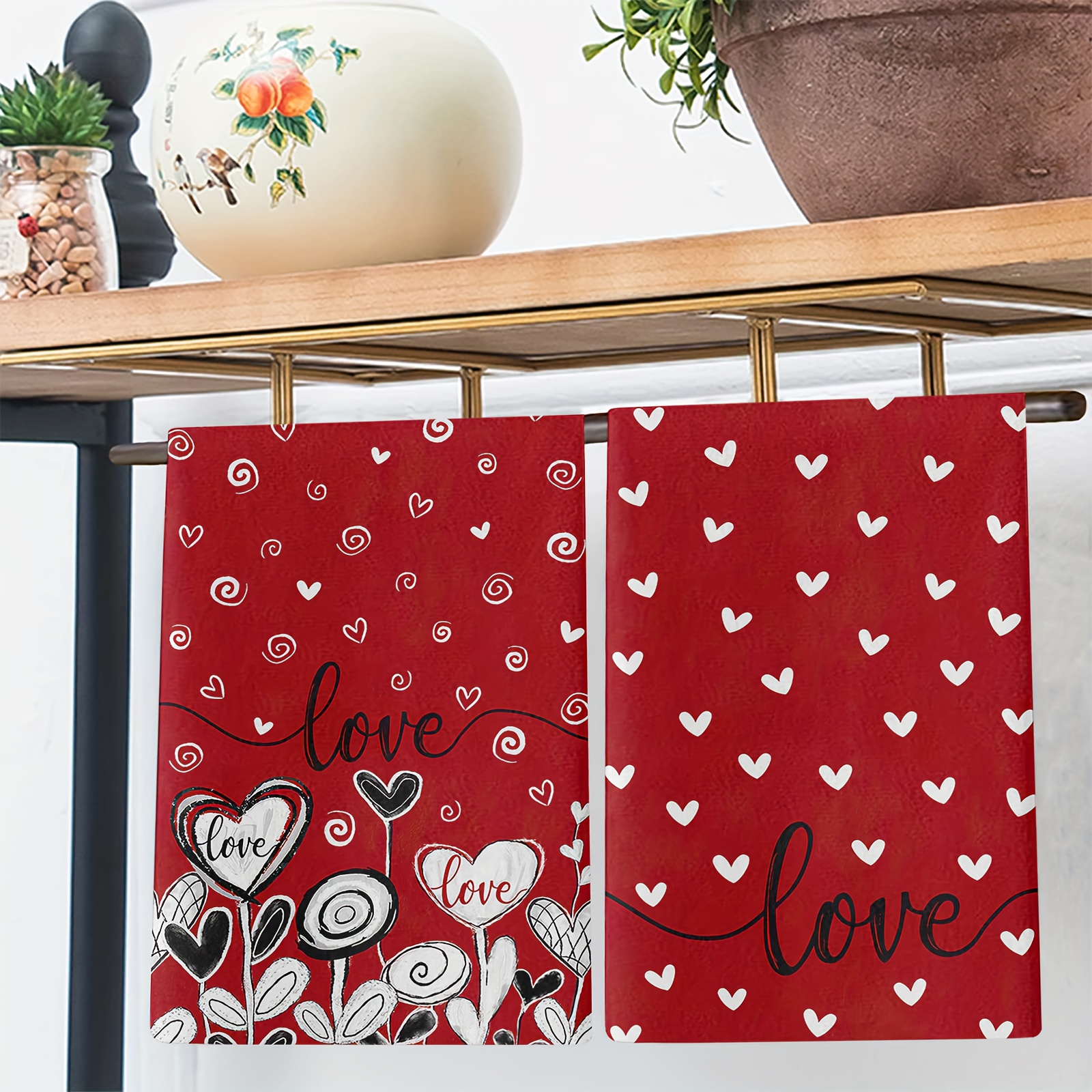 Valentine's Day Kitchen Towels Dish Towels, happy Love Red Heart