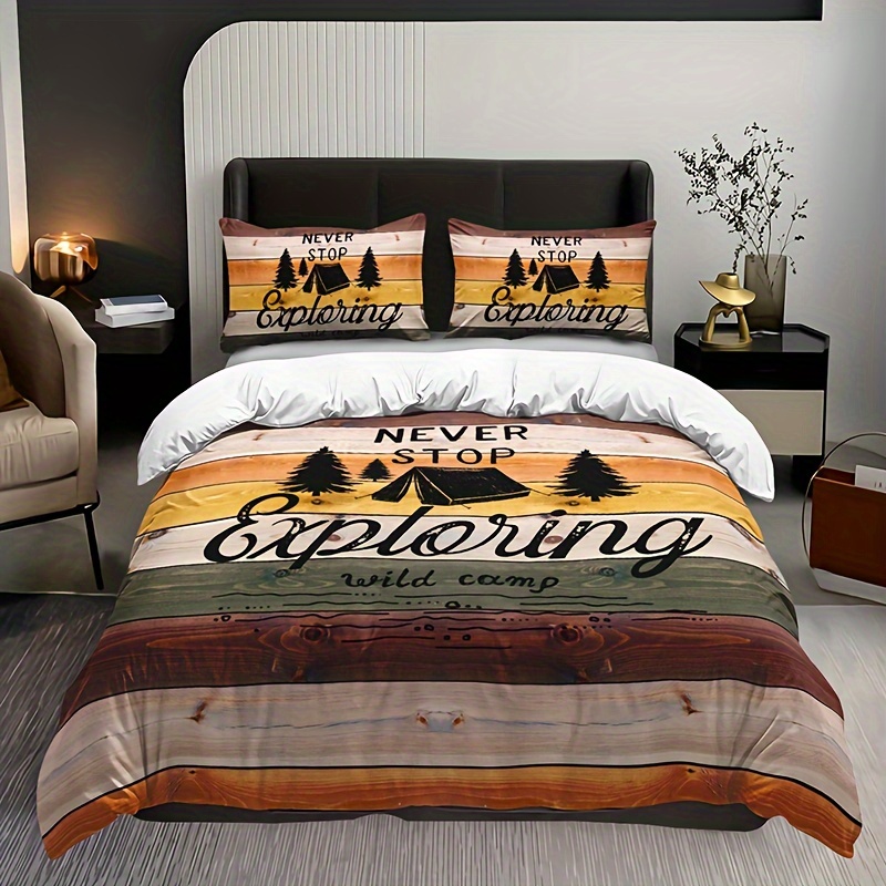 Camping Theme Duvet Cover Set Fashion Pastoral Style Tree Temu