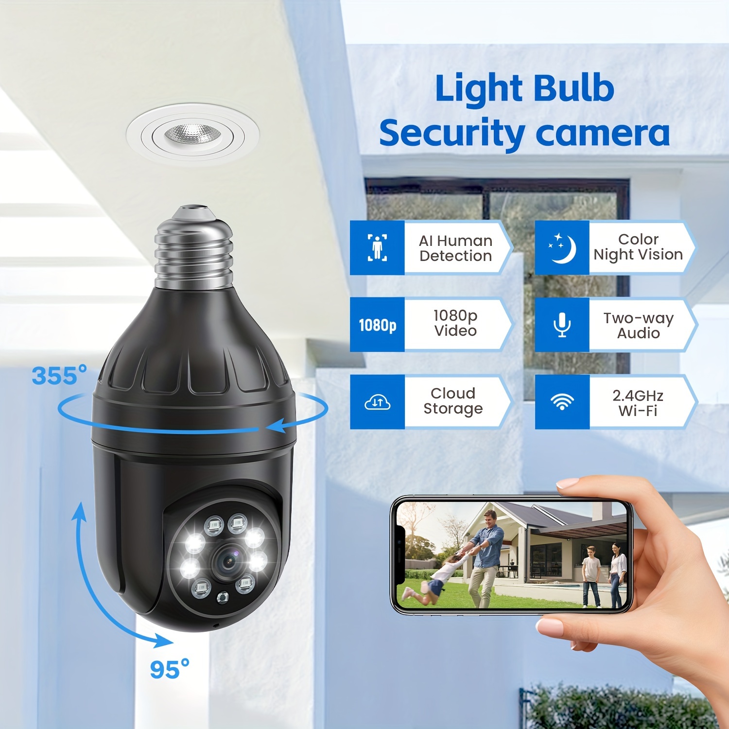  2 bombillas WiFi, cámara de seguridad inalámbrica para  exteriores, 1080P, cámaras de seguridad de 360 grados para seguridad del  hogar, detección de movimiento inteligente, audio bidireccional :  Electrónica