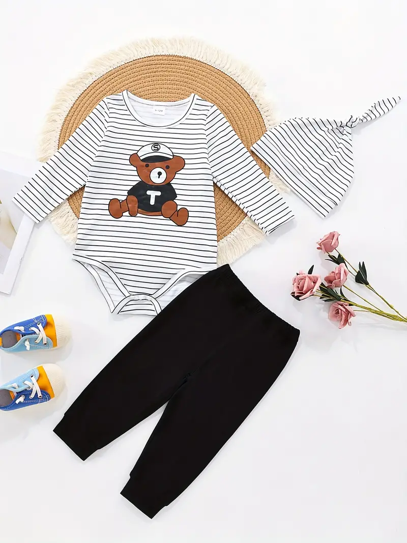baby boys cute bear print striped long sleeve romper top trouser set with hat details 5