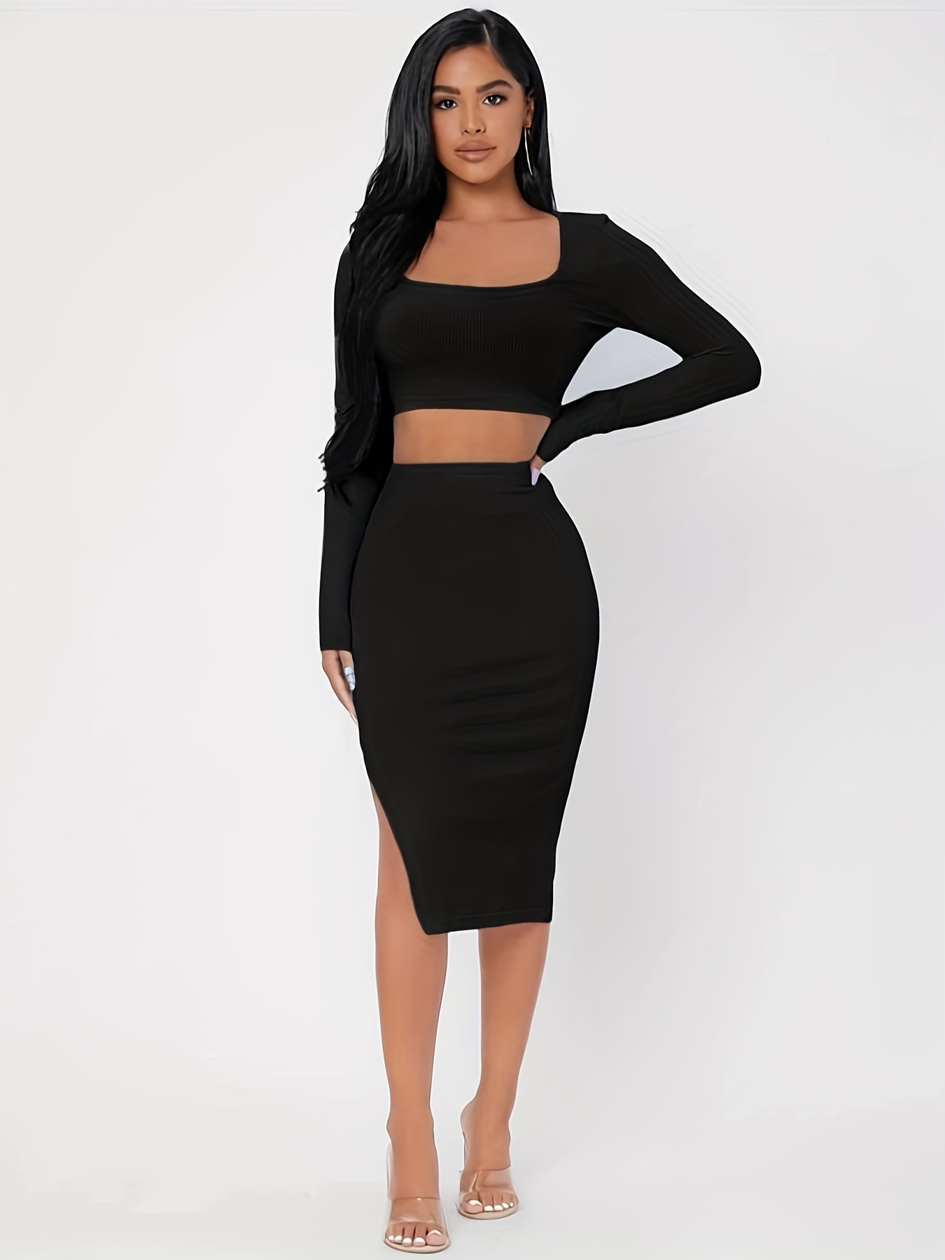 Solid Casual Two piece Set Scoop Crew Long Sleeve Crop T - Temu Austria