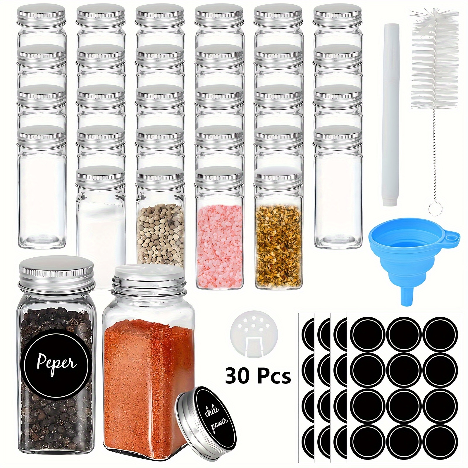14 Pcs Glass Spice Jars, 4oz Empty Square Spice Bottles with Shaker Lids  and Airtight Metal Caps - 350 Spice Labels and Silicone Collapsible Funnel