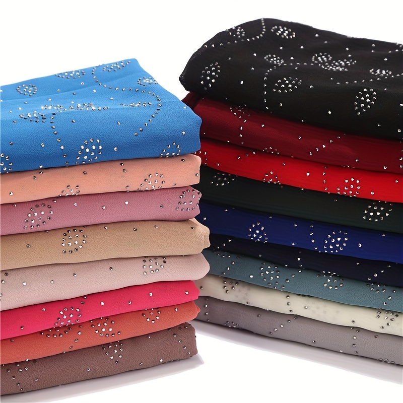 Chiffon Scarf Rhinestone Leaf Decor Hijab Classic Shawl