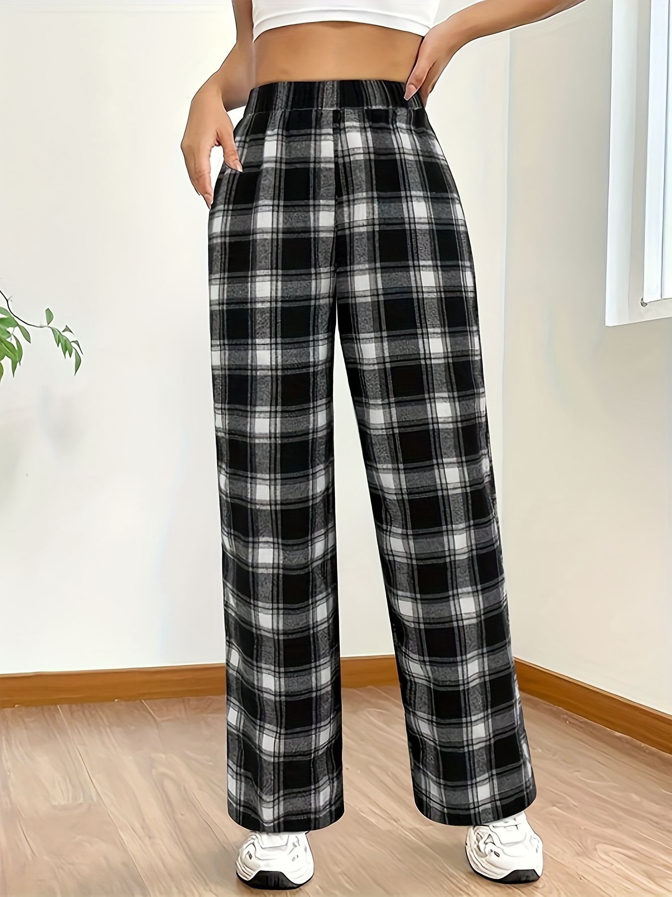 Checkerboard Plaid Print Pants Casual Wide Leg Pants Spring - Temu