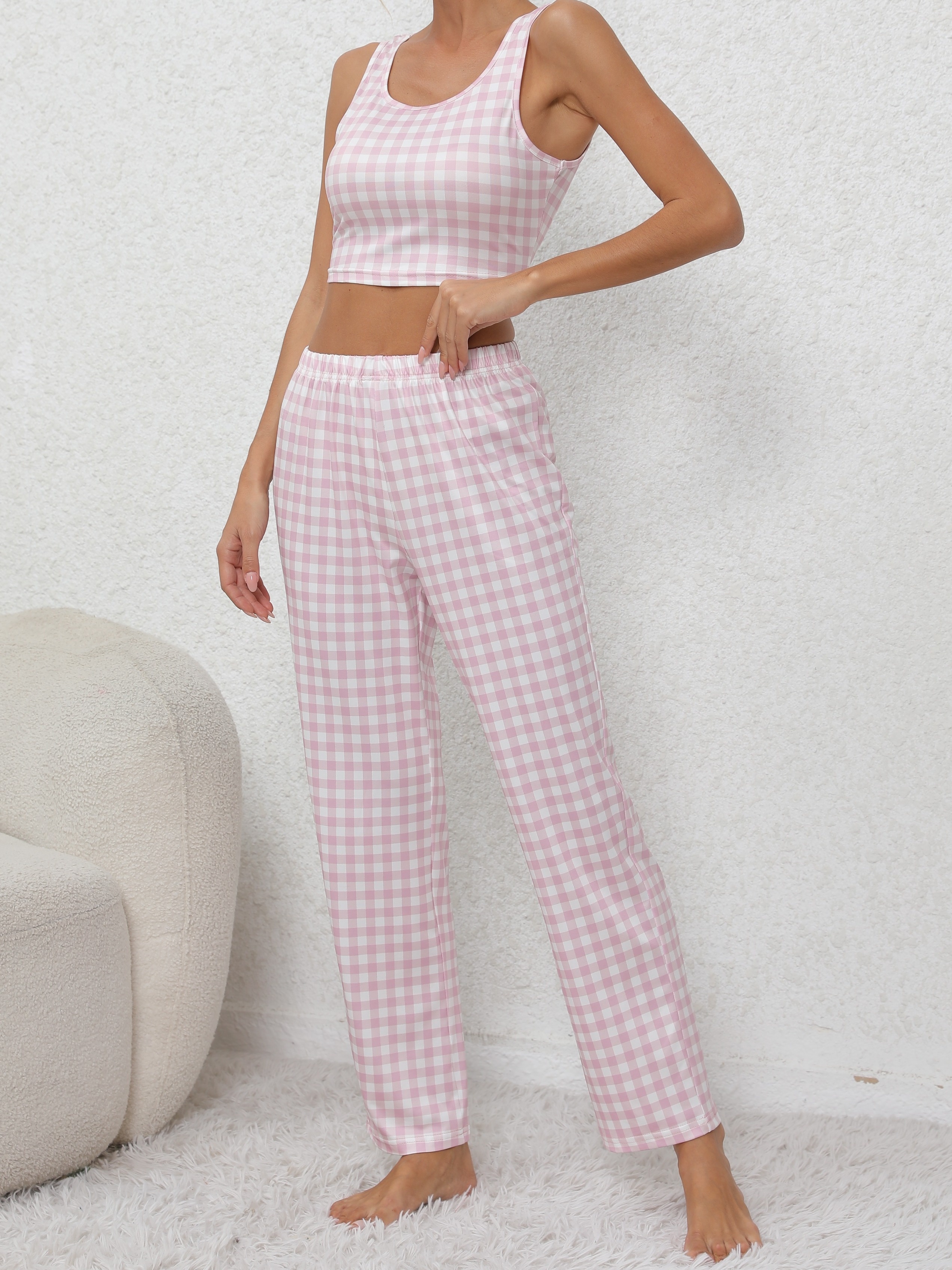 Gingham Print Tank Pyjama Set  Pajama set, Knitted tank top women