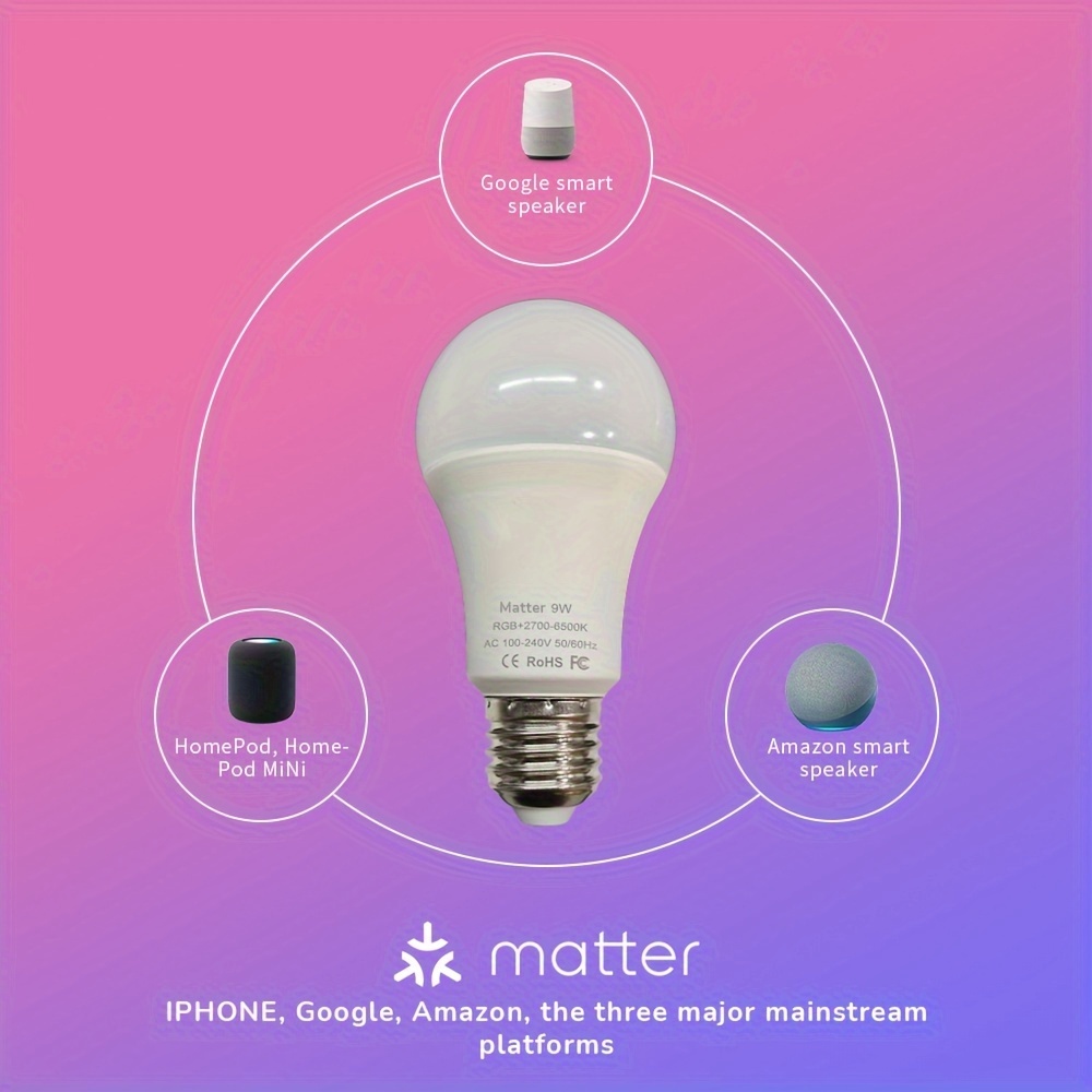 OREiN Matter - Bombillas inteligentes con WiFi fiable con Matter A19 E26  Bombillas LED que cambian de color 9W Equi 60W 800LM CRI>90 Funciona con