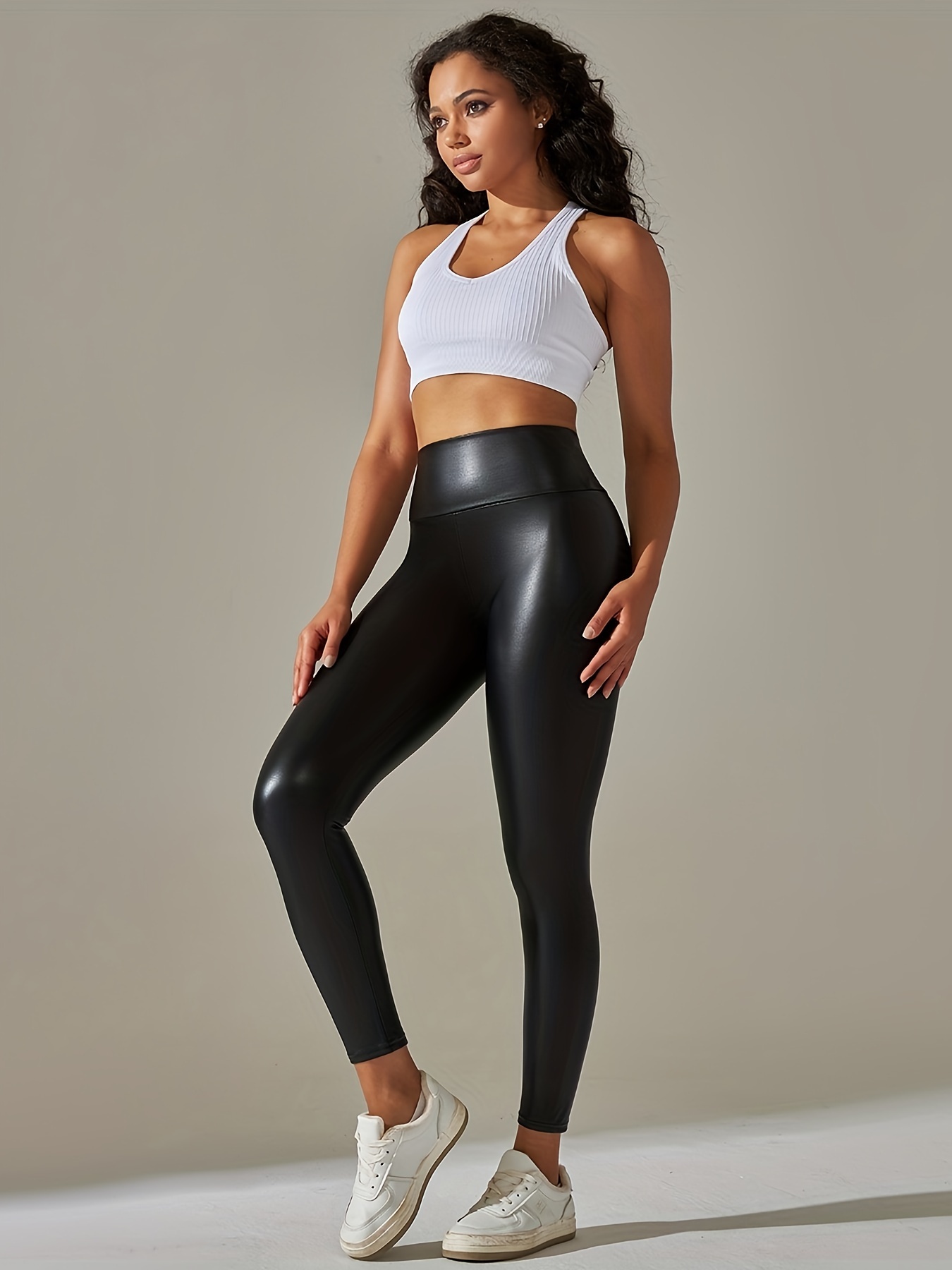 Fashion Women Slim High Waist Stretch Shiny Faux Leather Pants Black  Leggings Sport Yoga Pants