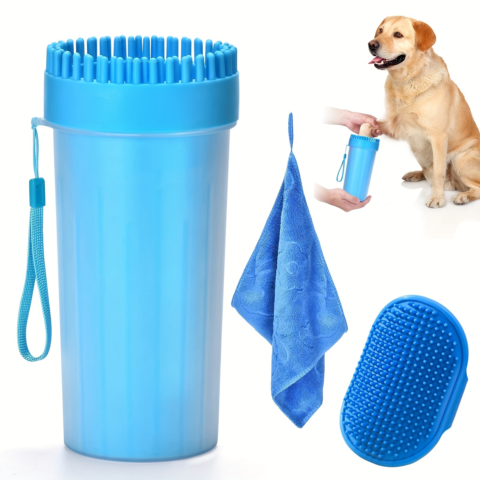 3pcs Pet Grooming Cleaning Supplies Dog Foot Washer Cup With Dog Massage Bath Brush And Soft Towel Set