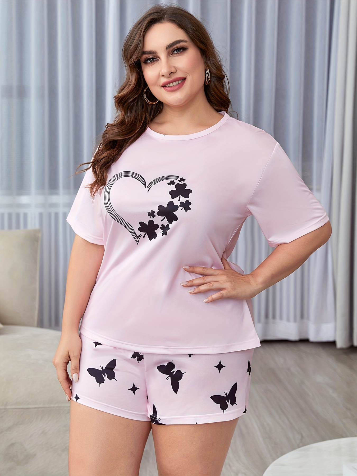 Plus Size Sexy Pajamas Set Women's Plus Butterfly Print - Temu