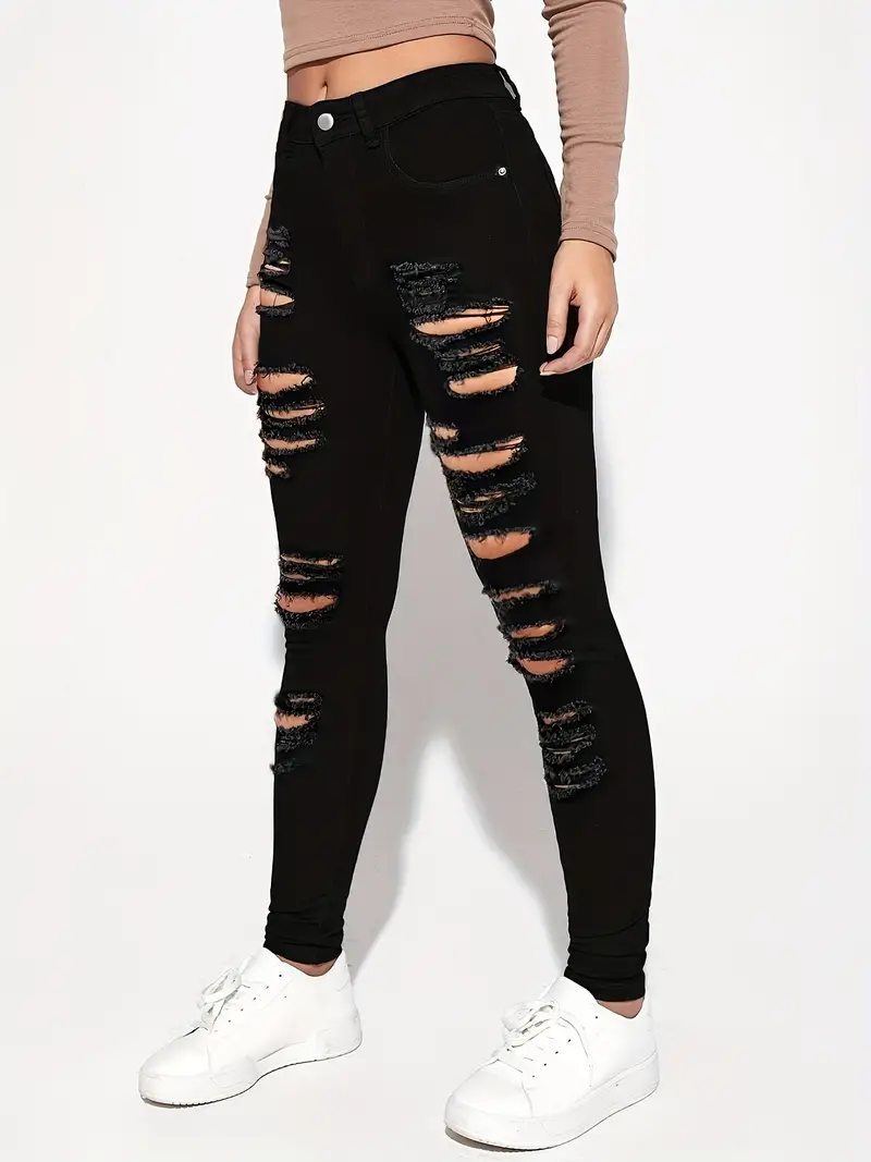 Black Ripped High Waist Skinny Jeans High Slim Fit - Temu